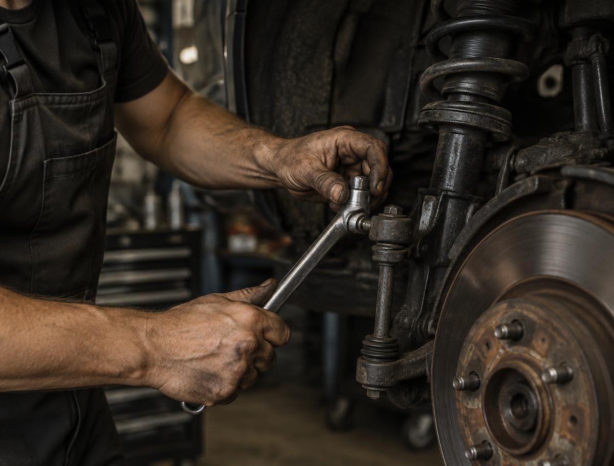 Mechanikas raktu remontuoja automobilio važiuoklę